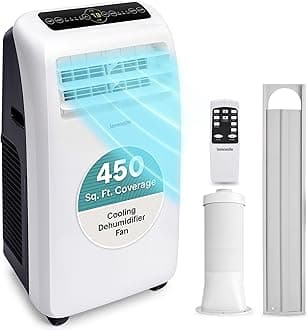 Small Air Conditioner Portable 10,000 BTU with Built-in Dehumidifier - Portable AC unit for rooms up to 450 sq ft - Remote Control, Window Mount Exhaust Kit