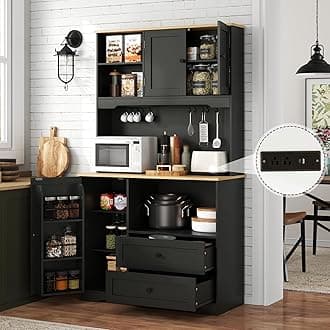 68" Tall Kitchen Pantry Storage Cabinet with Charging Station, Upgrade Pantry Cabinet with Doors & Shelves and Wine Glass Holder,Kitchen Hutch Cabinet with Microwave Stand for Kitchen(Black)
