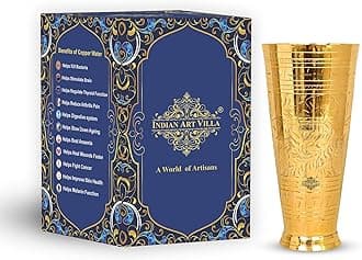 Indian Art Villa Embossed Flower Design Brass Lassi Glass Tumbler, Drinkware Home Restaurant, 54 Oz, Gold