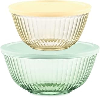 Pyrex Colors (2-Pack) Sculpted Tinted Small/Medium Glass Mixing Bowls With Plastic Lids, Nesting Space Saving Set of Bowls For Prepping and Baking, 1.3QT & 2.3QT