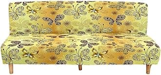 Mateju Armless Sofa Bed Cover, Butterfly Pattern Folding Sofa Bed without Armrests, Non Slip Stretch Futon Slipcover Protector for 2-3 Seater, Washable Couch Bed Slipcovers (Yellow,190-230cm)