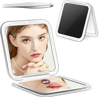 MIYADIVA Compact Mirror, 30X Magnifying Mirror, Pocket Mirror for Purse, Travel Makeup Mirror with 30X/1X Magnification, Travel Essentials Mirrors, Precision Tweezers, Present for Girls