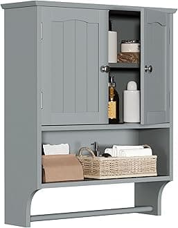 Smuxee Grey Bathroom Cabinet Wall Mounted with Towels Bar, Bathroom Medicine Cabinet with 2 Door Adjustable Shelves, Over Toilet Cabinet for Bathroom Laundry Room Kitchen