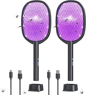 2 Pack Electric Fly Swatter 2 in 1 Bug Zapper Racket & Mosquito Zapper,4000V with USB Charging Base，Powerful Mosquito Swatter with 3 Layers of Safety Net Suitable for Indoor and Outdoor…