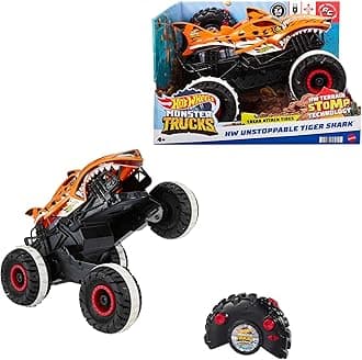 Hot Wheels Monster Trucks Remote Control Car, Unstoppable Tiger Shark with Tread Attack Tires and Terrain Stomp Technology, 1:15 Scale, Toys for Ages 4 and Up, HGV87