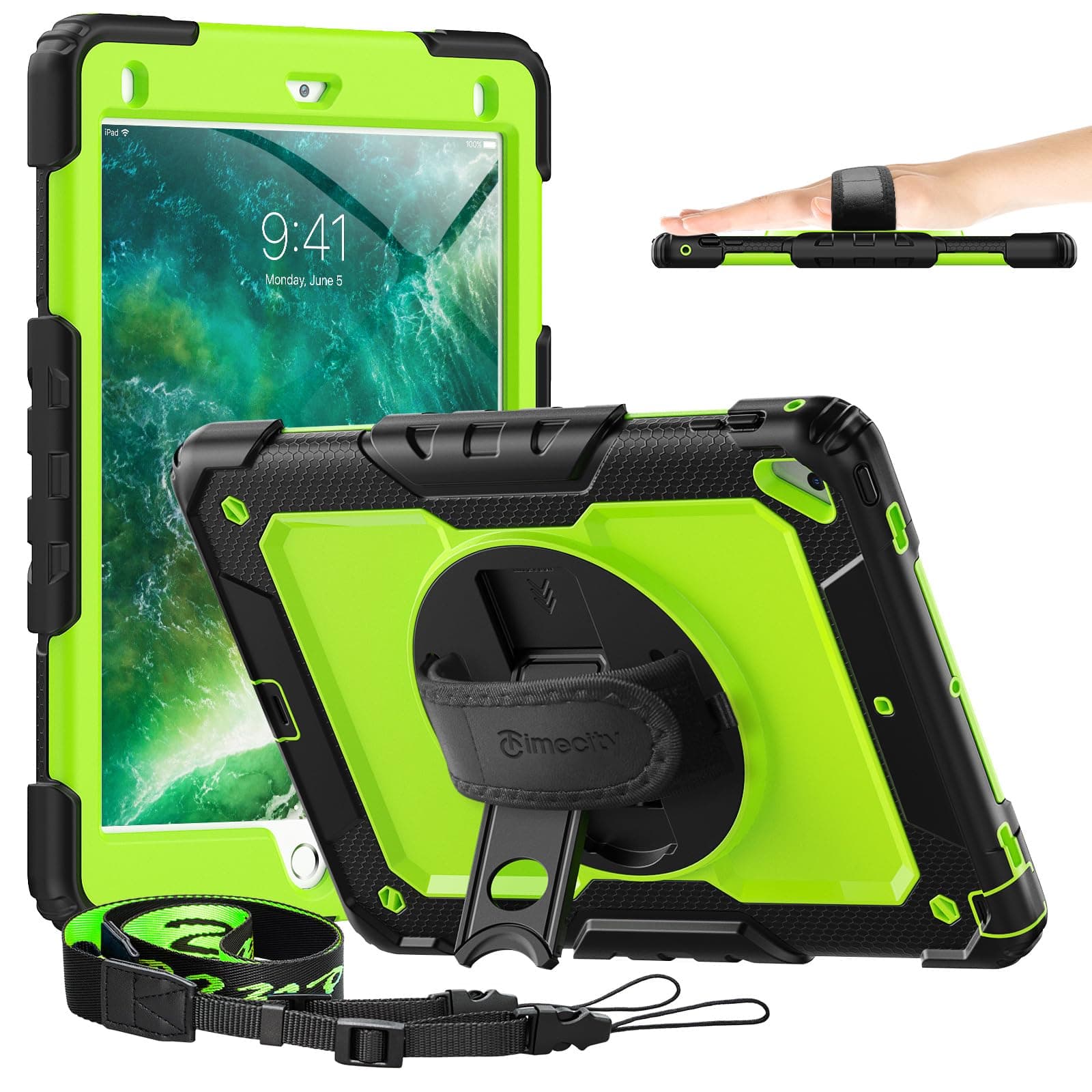 Timecity Case for iPad 6th/ 5th Generation 9.7 Inch 2018/2017 with Rotating Stand Handle Strap, Full-Body Silicone+PC Durable Sturdy Protective Case for iPad 5th/ 6th Gen/Air 2/ Pro 9.7 -Green