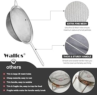 Walfos 8.6 Inch Large Fine Mesh Strainer, Kitchen Metal Food Strainers with Sturdy Handle, Stainless Steel 30 Mesh Sieve Sifters for Rice, Quinoa, Pasta, Fruits, Vegetables, etc.