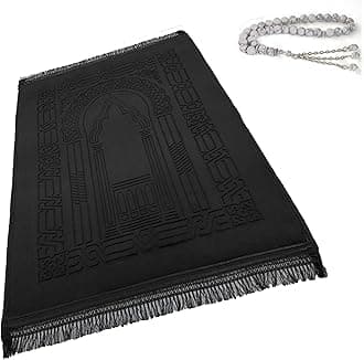 Prayer Rug Muslim Mat Islamic - Thick Large Sajadah for Kids Men Women with Islam Prayer Beads for Eid Travel Ramadan, Soft Luxury and Great for Knees and Forehead (Black)