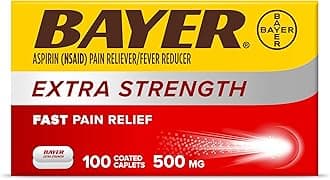 Bayer Aspirin Extra Strength, Aspirin 500mg, Pain Relief Pills, Fever Reducer and Headache Relief for Adults, 100 ct