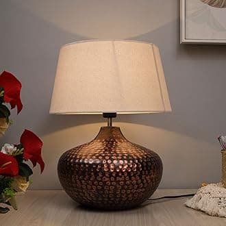 Antique Table Lamp Hammered Oil-Rubbed Bronze Metal Linen Drum Shade for Living Room Family Bedroom Decor Light Lamp, (Gourd, Beige)