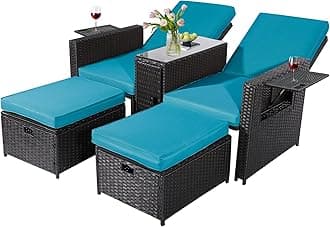 5PCS Outdoor Wicker Chaise Lounge Chair - Rattan Adjustable Reclining Patio Lounge Chair with Ottoman and Coffee Table, for Patio Beach Pool Backyard (Black Wicker Turquoise Cushion)