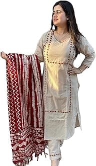 GoSriKi Women's Cotton Blend Straight Embroidered Kurta with Pant & Dupatta