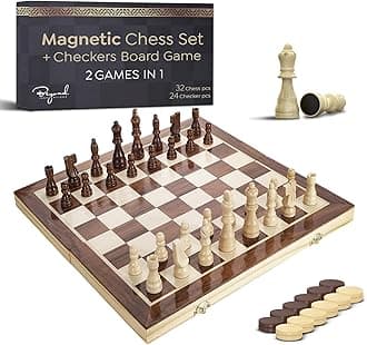 - Wooden Magnetic Chess Set & Checkers Board Game, 15” Foldable Chess Board | Solid Wood 2-in-1 Board Game for Adults with Storage Box, 2 Extra Queens, Portable Travel Chess Set for Kids & Beginners