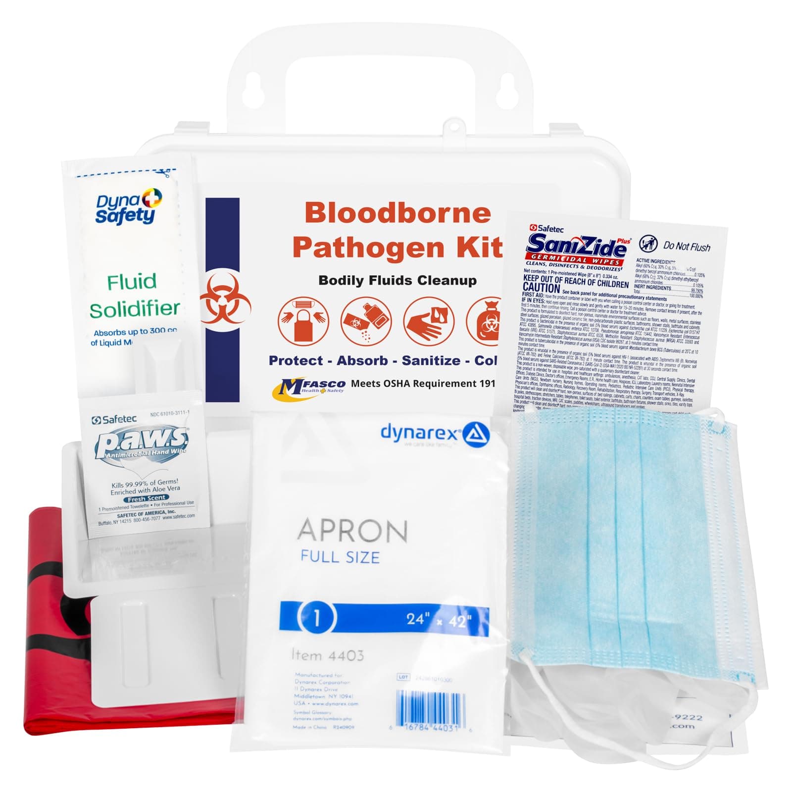 MFASCO Blood Borne Pathogens Clean Up Kit - Wall-Mountable or Portable - OSHA Compliant - Disposable Protection Gear - Bleach-Free Solidifier - Easy Cleanup - Compact Design - Refillable - 9 Pcs