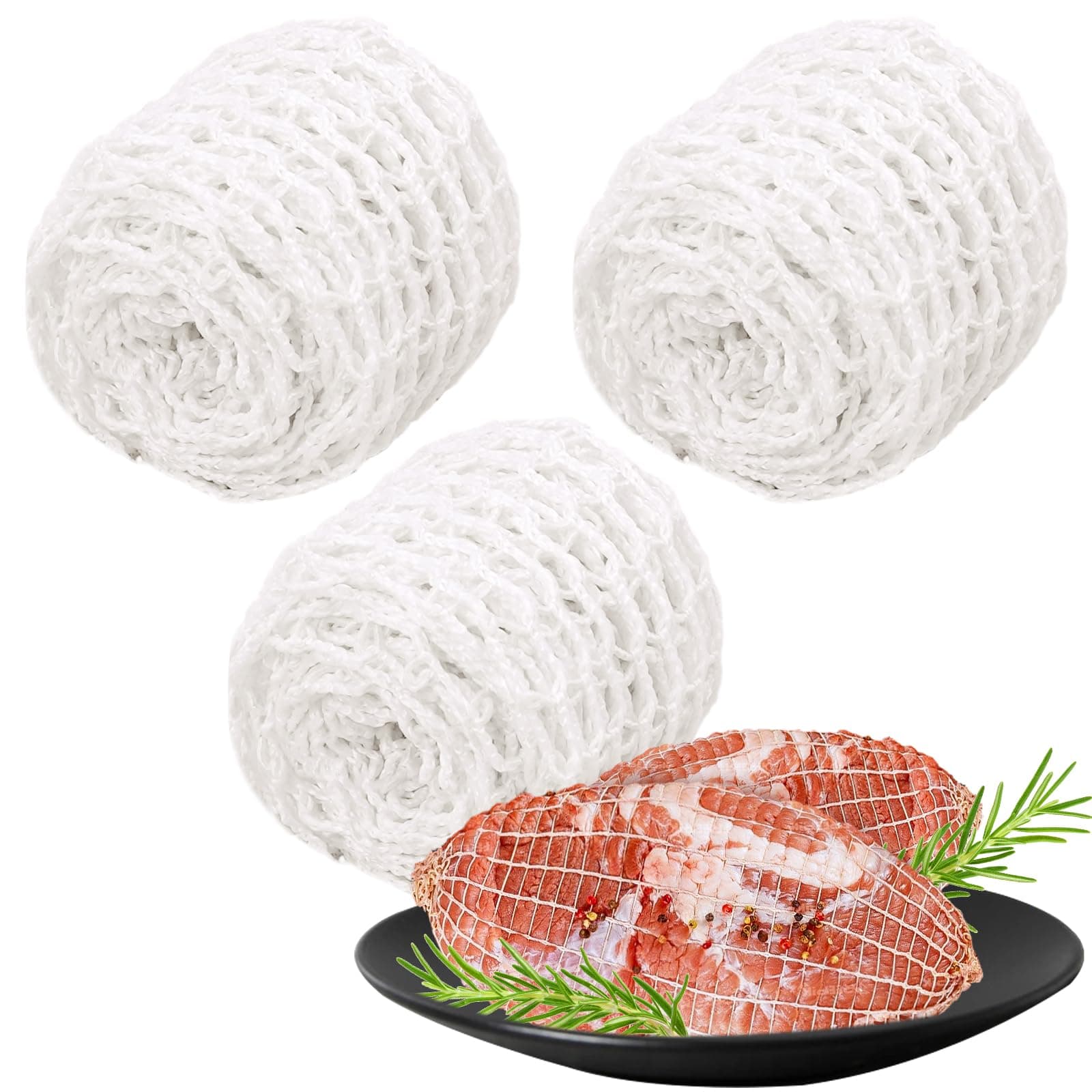 3Pcs Meat Netting Roll Size 16, Total 19.6Ft Elastic Cotton Sausage Netting 16 Size, Butcher Netting for Meat, Ham Netting for Smoking, Kitchen Twine for Meat Poultry Ham Sausage Making