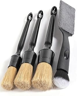 Car Detailing Brush Set, 4 PCS Soft Boars Hair Auto Interior Cleaning Detail Brushes, Perfect for Safely Cleaning Emblem Air Vent, Leather Seats, Washing Wheels, Tires, Engine Bay, Car Detailing Kit