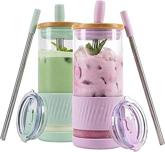 Pandaloo® Glass Cups With Lids and Straws -20 Fl Oz- Perfect Size Iced Coffee Cup - Smoothie Cup With Bamboo Lid and On the go Lid - Glass Tumbler (2 Count (Pack of 1), Lilac-Sage)