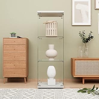 LFT HUIMEI2Y Glass Display Cabinet 3-Shelf with Door and Lock, Curio Cabinets Upgraded Quick-Install Style Tempered Glass Floor Standing Bookshelf for Bedroom, Living Room 49”x 17”x 14” White