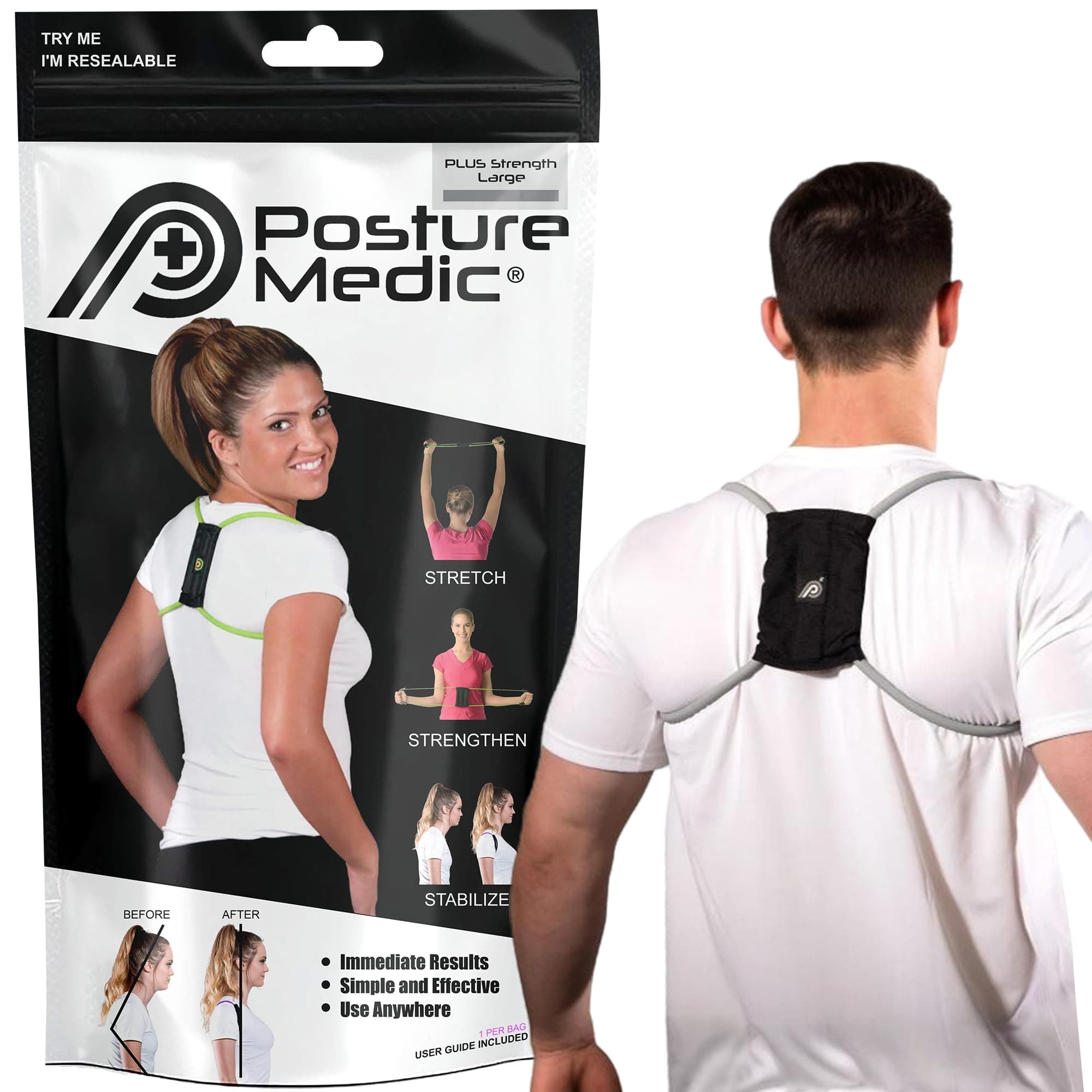PostureMedic Dynamic Posture Corrector - Active Resistance Training System for Upper Back Strengthening & Shoulder Alignment - Stretches Chest, Strengthens Back - Doctor Recommended - Size L (Silver)