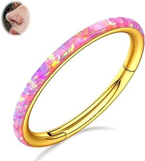 BodyBonita Hinged Opal Nose Rings Hoops - 16G/18G/20G 316L Surgical Steel Hinged Hoop Nose Rings for Women Septum Rings Conch Helix Daith Piercing Jewelry Purple/Pink/Blue/White 10mm/8mm Silver/Gold