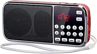 PRUNUS J-189 Bluetooth AM FM Radio, Small Portable Radio - Dual Speaker Heavy Bass, LED Flashlight, Pocket Size, TF Card USB AUX MP3 Player, Rechargeable Battery Operated Small Radios(Red)