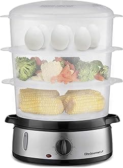 Maxi-Matic Electric Food Vegetable Steamer with BPA-Free 3 Tier Stackable, Nested Basket Trays, Auto Shut-off 60-min Timer, 800W, 9 Quart, Stainless Steel