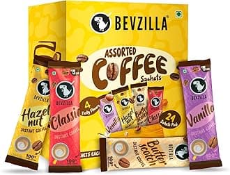 Bevzilla 24 Assorted Instant Coffee Sachets | 24x2Gm Pouches | Arabica Coffee | 4 Flavours: Butterscotch, Classic, Vanilla, Hazelnut | Perfact for Espresso, Latte & Cappucino