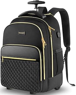 Rolling Backpack Carry On Luggage For Adults With Wheels, 45L Wheeled Backpack For Women, Travel Roller Backpack, Rolling Bag, Gold Black