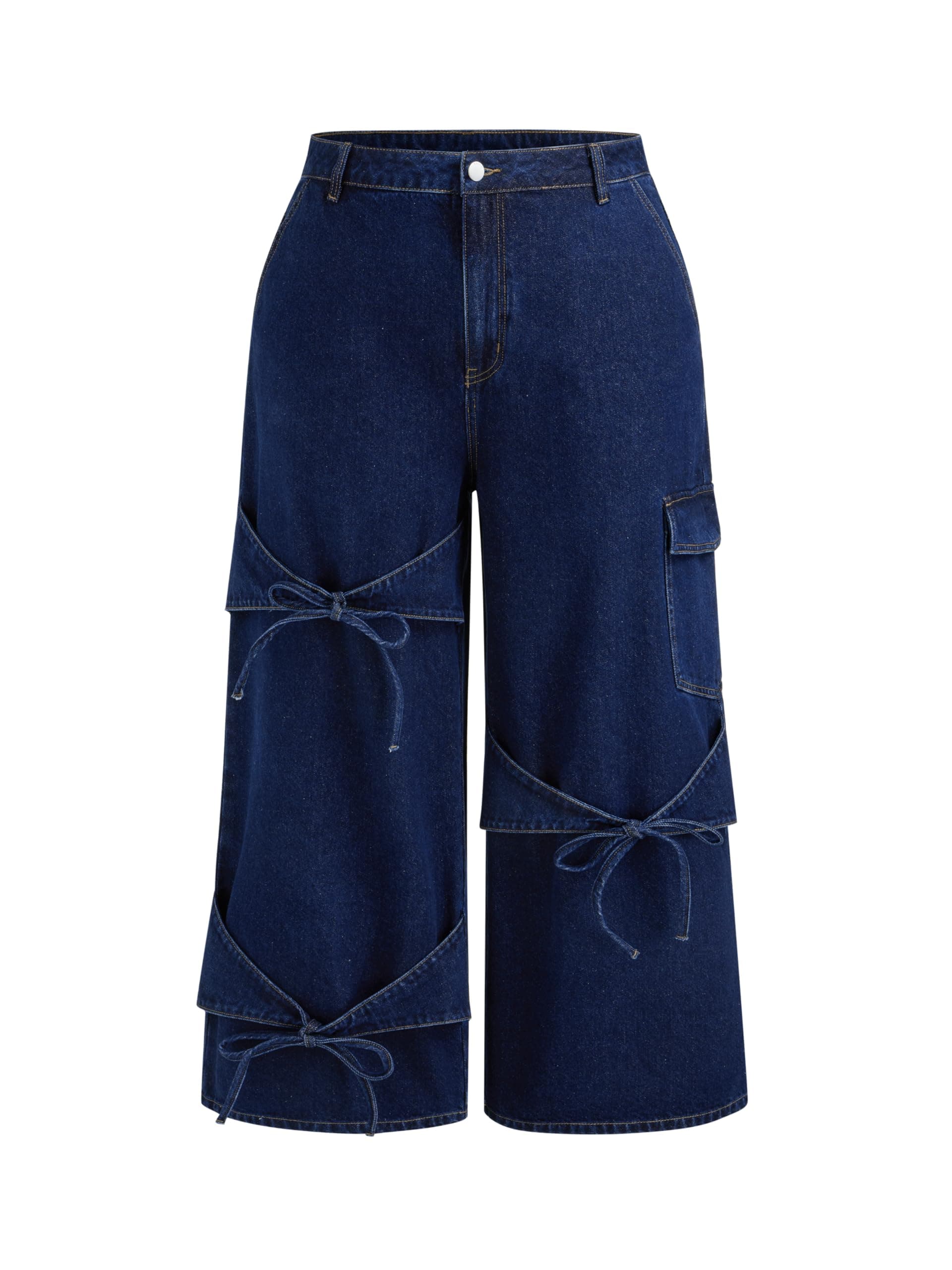 CIDERDenim Mid Rise Solid Bowknot Pocket Wide Leg Jeans Curve & Plus