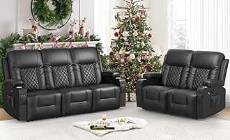 Oversized Recliner Sofa Set with 2+3 Pieces in Living Room, PU Leather Loveseat Recliner Couch, Modern 3 Seats Dual Reclining Sofa with Cup Holder and 2 Cell Phone Holder, USB Ports, Black