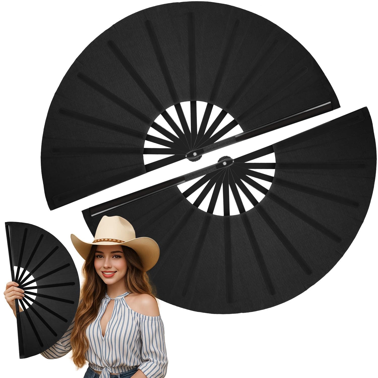 Maitys 2 Pieces Large Folding Fan Nylon Cloth Handheld Folding Fan Chinese Kung Fu Tai Chi Fan Black Decoration Fold Hand Fan for Party Favors (Black)