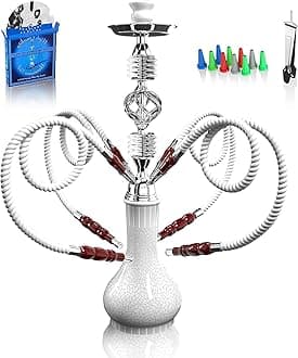 Kiseely Hookah Complete Set with 4 Hose, 22'' Large Shisha Kit for Up to 4 Persons with Everything Included, Ceramic Bowl | Premium Hose | Beautiful Glass Vase (White OS1)