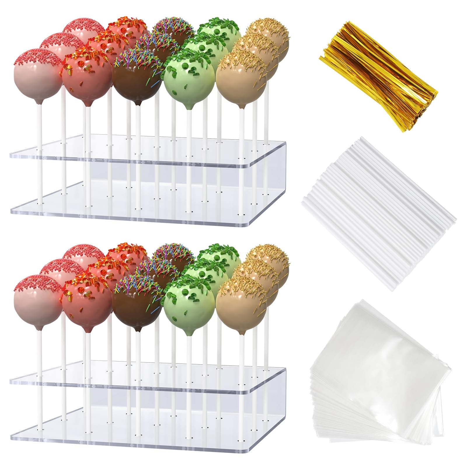 2 Pack Cake Pop Stand With Sticks Kit, Acrylic Lollipop Hold Stand, Clear Display Holder, 15 Holes Candy Holder 100 Pcs Sticks, Wrappers, Gold Twist Ties