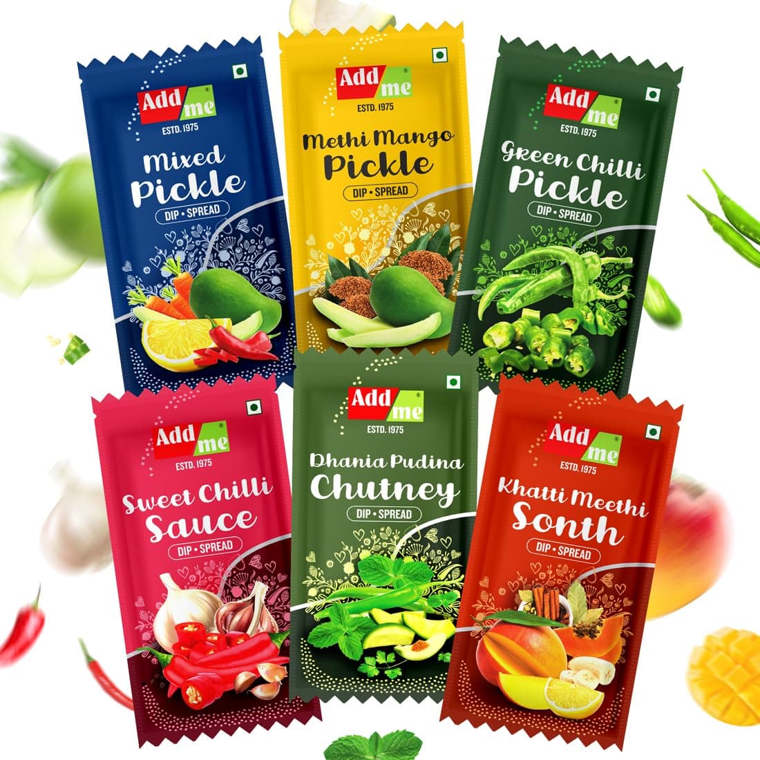 Add Me pickle pouch mango, green chilli, mixed pickles Dhaniya Pudina chutney, khatti meethi chatni, Sweet Chilli garlic sauce 12gm each | Combo Assorted Pack of 6x8 = 48 sachets (576gm)