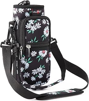 AUPET Water Bottle Sling Bag Sleeve Holder Carrier 25/32/40/64 oz,Insulated Crossbody Water Bottle Case Cover with Strap and Pockets for Men/Women Walking Hiking Camping (32oz, white flowers)