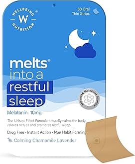 Wellbeing Nutrition Melts Restful Sleep Aid | Plant-Based Melatonin 10mg for Better Sleep with Chamomile, Tagara, L-Theanine | Non-Addictive Sleep-Aid, Safe, Natural, 30 Oral Strips