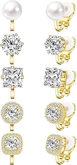 Cubic Zirconia Clip on Earrings - Women Hypoallergenic Comfortable Non Pierced Stud Earrings for Wedding and Dance Competitions, Clip-on Earrings Silver Gold