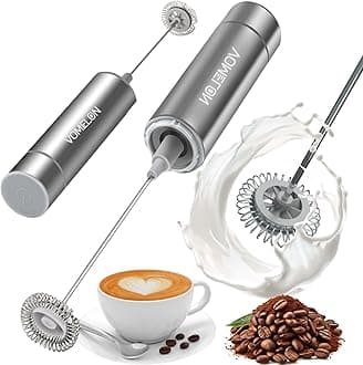 VOMELON Milk Frother, Handheld Battery Operated Frother for Coffee,Portable Drink Mixer with 2 Stainless Steel Whisk Heads, Milk Foamer for Keto Coffee, Latte, Cappuccino, Hot Chocolate, Silver