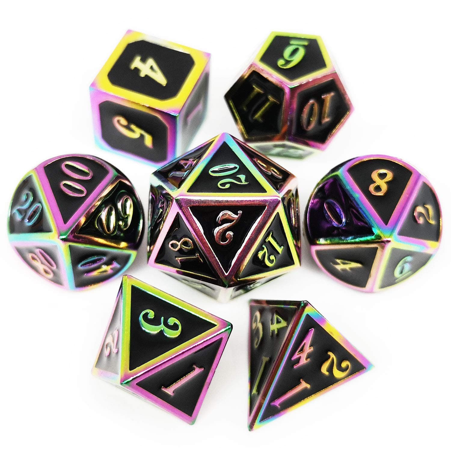 Haxtec Metal Dice Set D&D Polyhedral DND Dice for Dungeons and Dragons RPG Table Games- Enamel DND Dice (Rainbow Black)