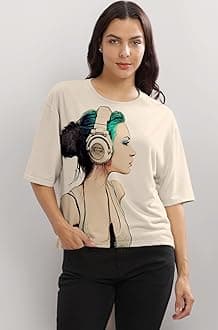 Beige Printed Loose Fit Crew-Neck Crop T-Shirt for Women