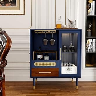 Modern Coffee Bar Cabinet with Wine Glass Rack and Drawers, Blue Liquor Cabinet with Pull-Out Wine Storage for Kitchen, Dining Room, Living Room