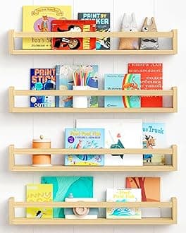 Forbena Natural Wood Nursery Bookshelves for Wall, 24 Inches Long Floating Book Shelves, Wall Mounted Bookcase for Baby Teen Girl Boy Kids Room Bedroom, Playroom Organizer, Bathroom Decor (4-Pack)