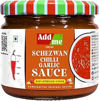 Add me Spicy Schezwan Chilli Garlic Sauce Dip 300 Gm | Momos Tomato Chutney | Desi Indian Cuisine Glass Jar