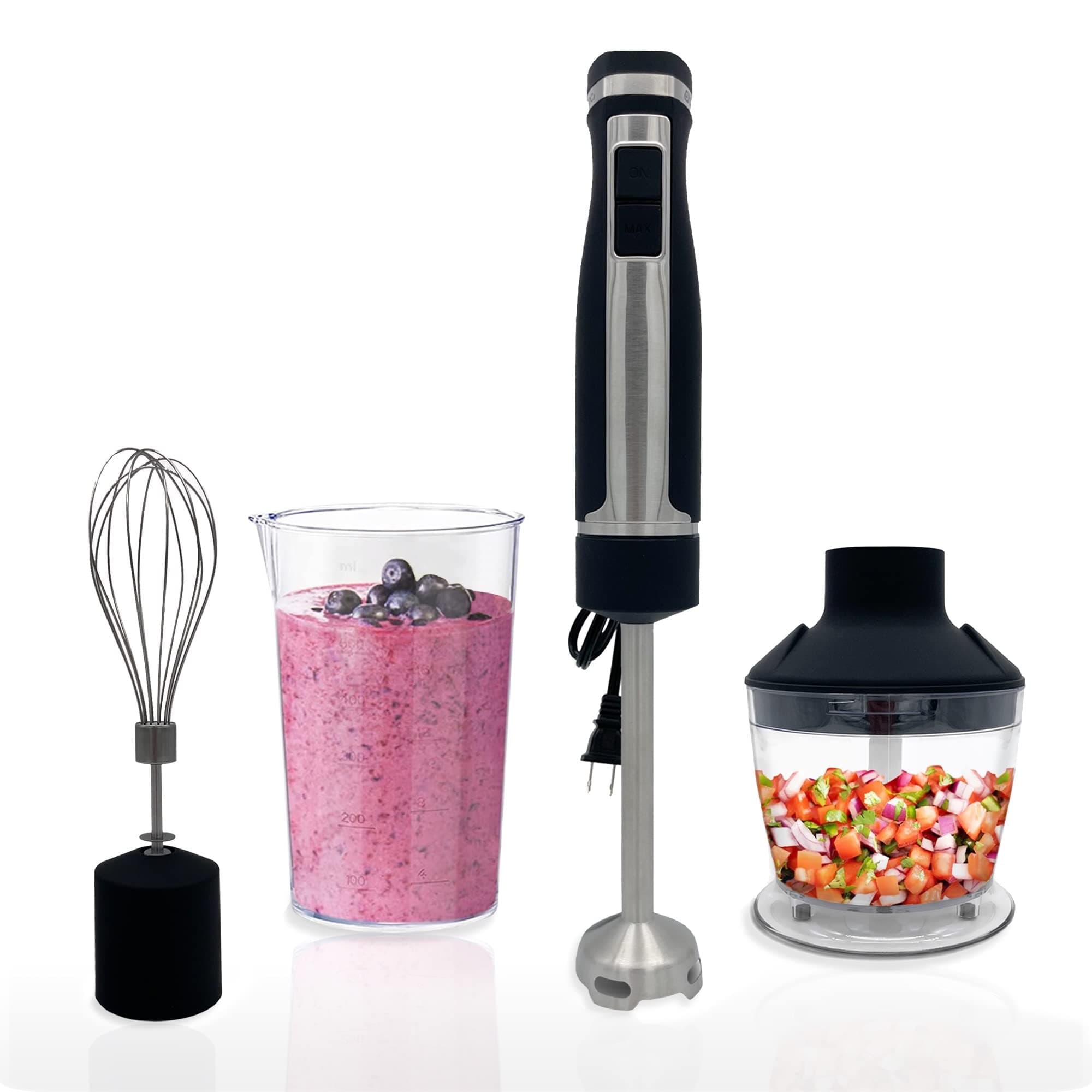 - Immersion Blender - Handheld Stick Blender, Whisk, and Food Processor - Includes 3 Attachments, 20 oz BPA-Free Jar, and Storage Tray - Stainless Steel
