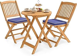 Giantex 3Pcs Patio Bistro Set, Wood Folding Table Set, 2 Cushioned Chairs for Garden Yard, Outdoor Furniture Round Table (Natural & Navy Blue)