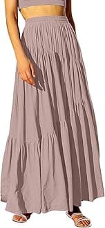 Women’s Boho Elastic High Waist Pleated A-Line Flowy Swing Asymmetric Tiered Maxi Long Skirt Dress with Pockets