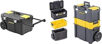 Rolling Toolbox Chest with Heavy Duty Metal Latch, 2 Lid Organisers for Small Parts, Portable Tote Tray for Tools, STST1-80150 & Essential Rolling Workshop Toolbox, 3 Tier Stackable Units