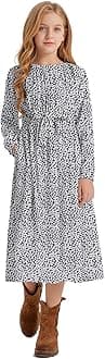 LaBeca Girls Casual Dress Elastic Round Neck Floral Solid Color A-Line Swing High Waist Midi Dress with Belt and Pocket
