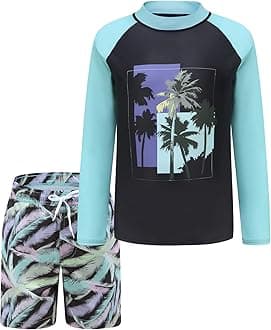 Boys Swimming Costume Two Piece Swimsuit Set with Swimming Trunks Kids Long Sleeve Bathing Suit Swimwear