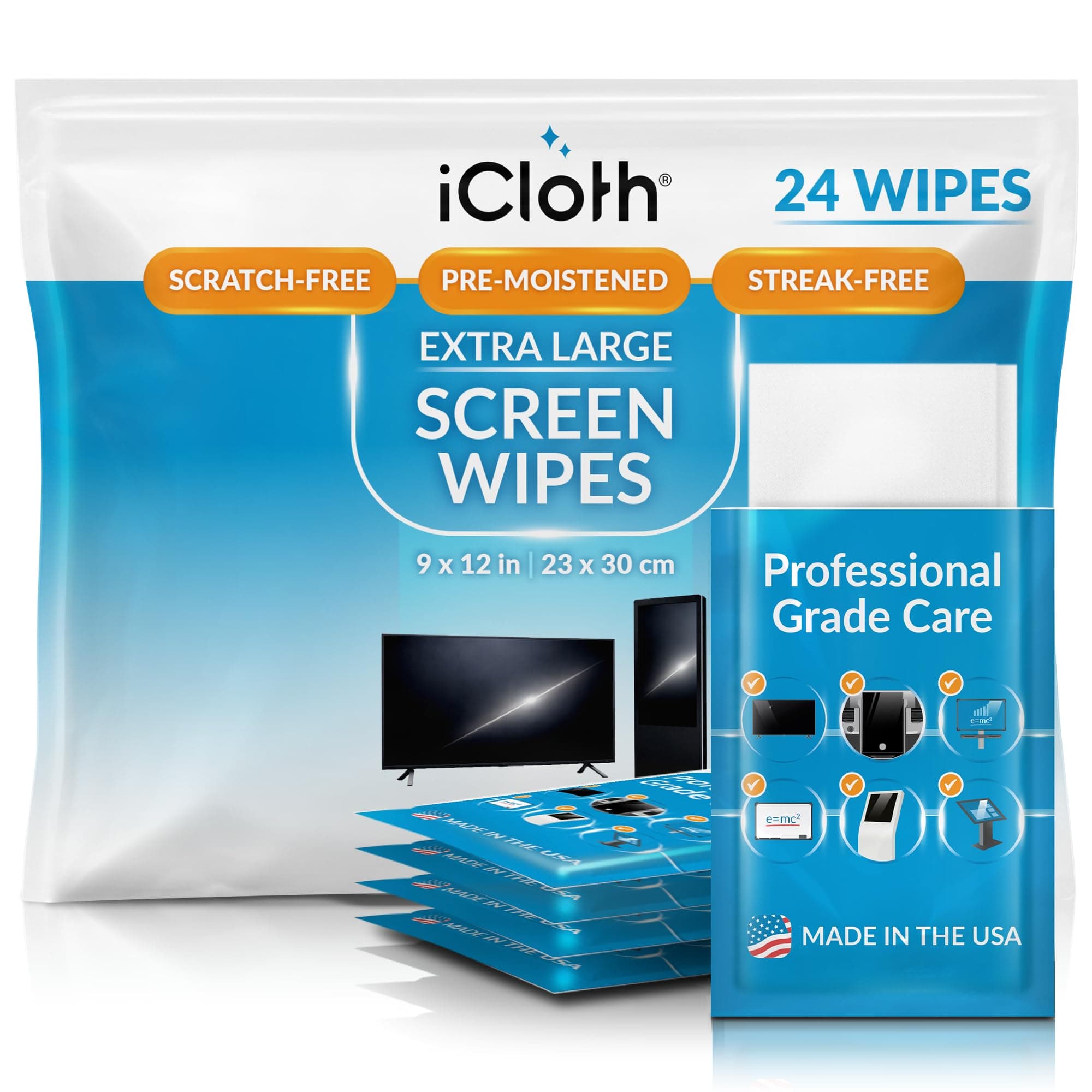 XL Screen Cleaning Wipes, Lint-Free and Streak-Free, Fast-Drying, Removes Dust, Fingerprints, and Smudges (24 XL Wipes)